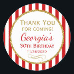Red Gold Birthday Thank You For Coming Favour Tags<br><div class="desc">Elegant birthday stickers featuring red and white stripes with sophisticated gold glitter accent frame. These fashionable and stylish birthday stickers will be a hit for any birthday party decor and as favour tags. Great for 21st 30th 35th 40th 45th 50th 55th 60th 65th 70th 75th 80th 85th 90th 95th, 100...</div>