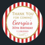Red Gold Birthday Thank You For Coming Favour Tags<br><div class="desc">Elegant birthday stickers featuring red and white stripes with sophisticated gold glitter accent frame. These fashionable and stylish birthday stickers will be a hit for any birthday party decor and as favour tags. Great for 21st 30th 35th 40th 45th 50th 55th 60th 65th 70th 75th 80th 85th 90th 95th, 100...</div>
