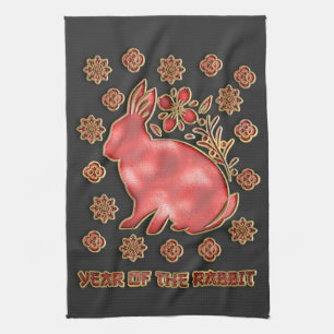 Red Gold Black 2023 Rabbit Lunar Chinese New Year Tea Towel