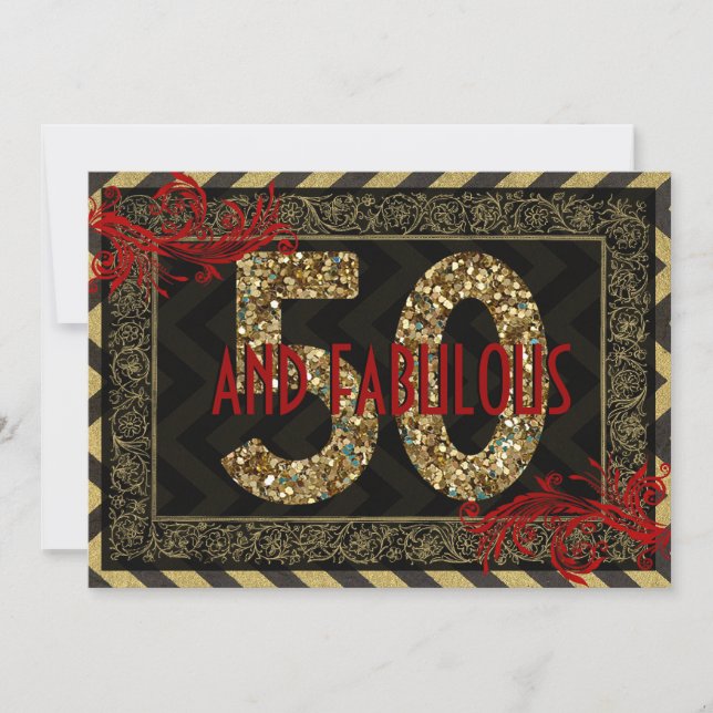 Red Gold & Black Art Deco 50th Birthday Invite (Front)