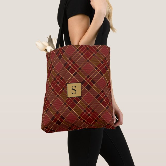 Red Gold Black Buffalo Plaid Monogram Tote Bag (Close Up)