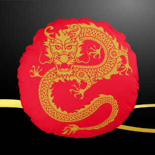 Red, Gold & Black, Chinese Dragon Zodiac   Round Cushion