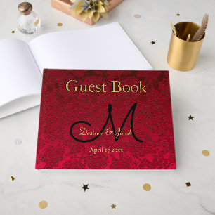 Red Gold Black Christmas Winter Wedding Monogram Guest Book