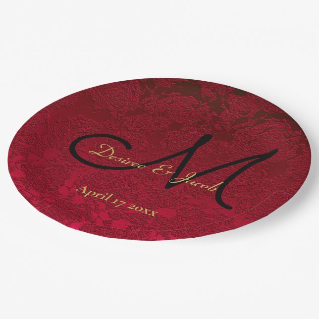 Red Gold Black Christmas Winter Wedding Monogram Paper Plate (Angled)