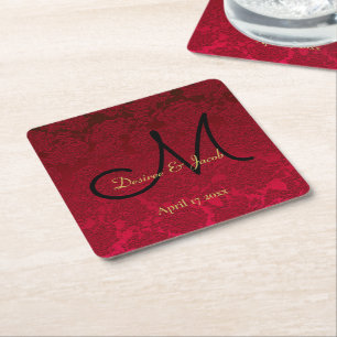 Red Gold Black Christmas Winter Wedding Monogram Square Paper Coaster