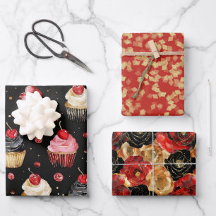 Red Gold Black Cupcakes Cherry Floral Birthday Wrapping Paper Sheet