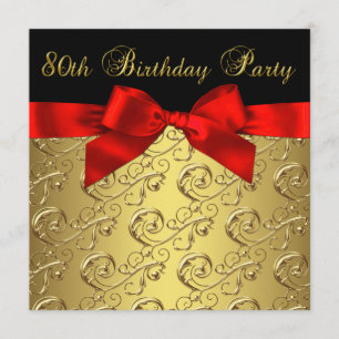 Red Gold Black Damask Womans 80th Birthday Party Invitation