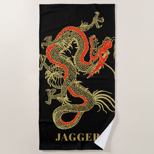 Red Gold Black Fantasy Chinese Dragon Monogram Beach Towel (Front)