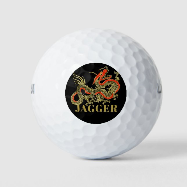 Red Gold Black Fantasy Chinese Dragon Monogram Golf Balls (Front)