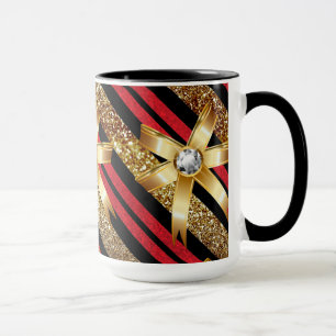 Red Gold & Black Faux Glitter Gold Diamond Bows Mug