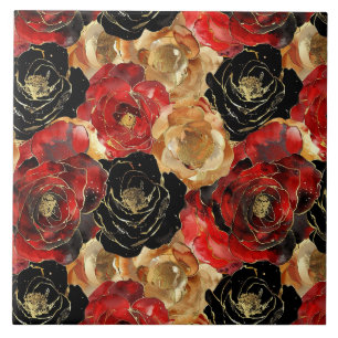 Red Gold Black Floral Ceramic Tile