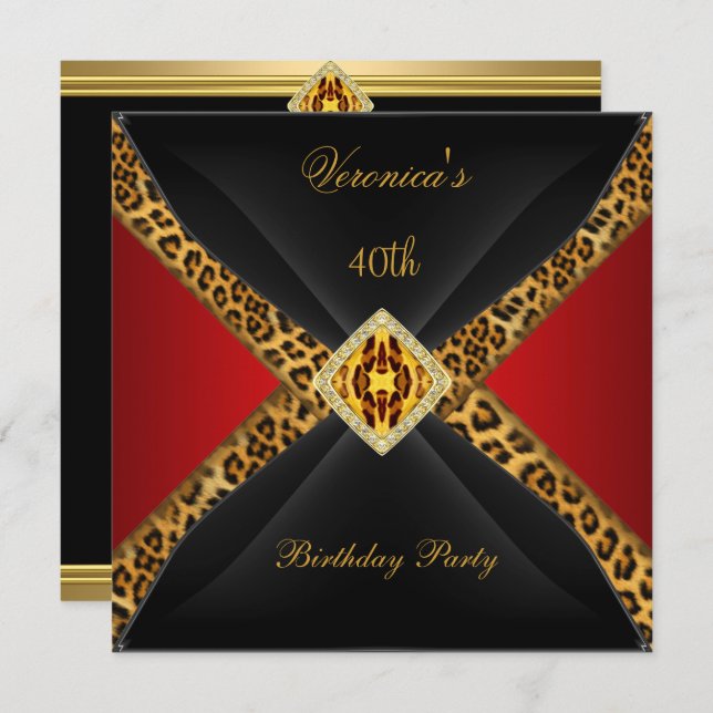 Red Gold Black Leopard Jewel 40th Birthday Invitation (Front/Back)