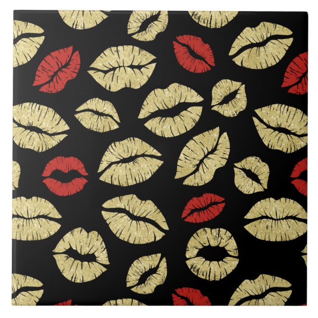 Red Gold Black Lips Kiss Ceramic Tile (Front)