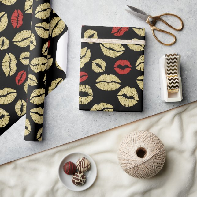 Red Gold Black Lips Kisses Bridal Shower Wrapping Paper (Crafts)