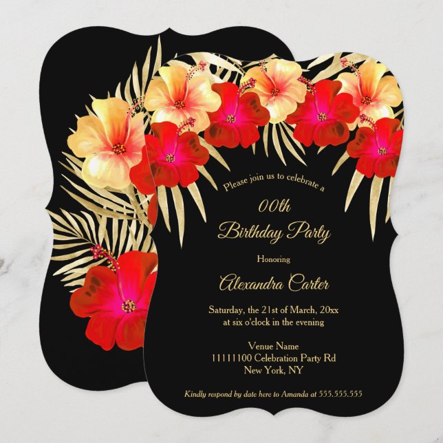 Red Gold Black Palms Hibiscus Floral Birthday Invitation (Front/Back)