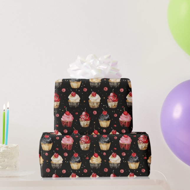 Red Gold Black Pink Cupcakes Cherry Birthday Wrapping Paper (Party Gifts)