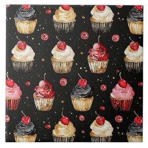 Red Gold Black Pink Cupcakes Cherry Ceramic Tile