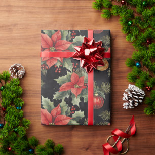 Red, Gold, Black Poinsettia Christmas Wrapping Paper