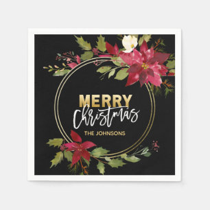RED Gold Black Poinsettia MERRY CHRISTMAS Napkin