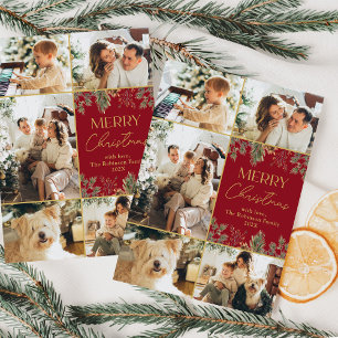 Red Gold Botanical 5 Photo Christmas Holiday Card