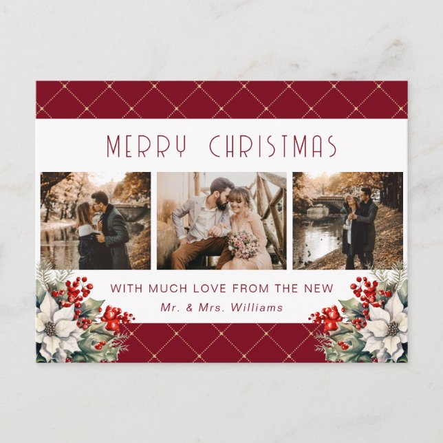 Red Gold Botanical Photo Newlywed Holiday Postcard (Front)