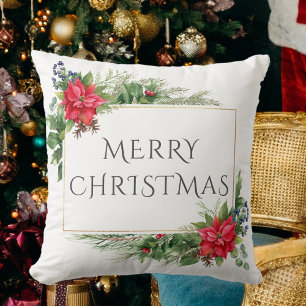 Red Gold Botanical Watercolor Christmas Holiday Cushion