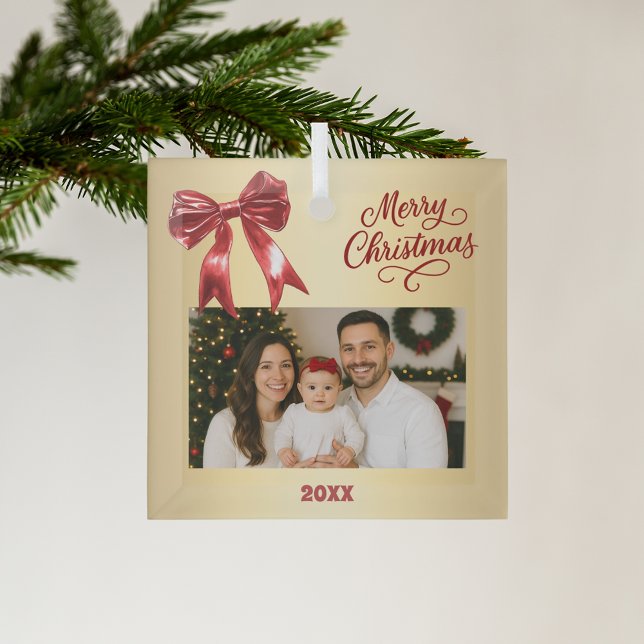 Red gold bow photo Christmas Glass Tree Decoration (Creator Uploaded)