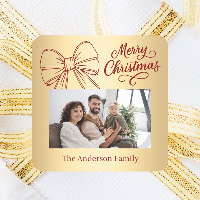 Red gold bow photo script Christmas Square Sticker (Creator Uploaded)