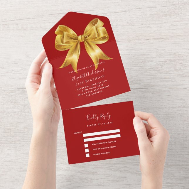 Red gold bow rsvp birthday all in one invitation (Tearaway)