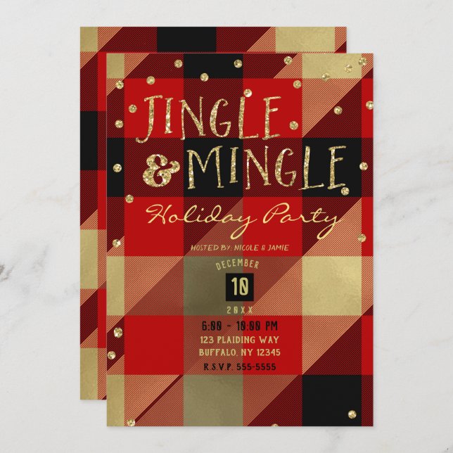 Red Gold Buffalo Plaid Jingle & Mingle Holiday Invitation (Front/Back)