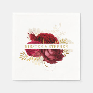 Red Gold Burgundy Floral Wedding Cocktail Napkin