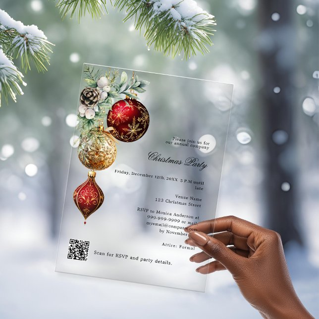 Red gold business QR code frosted Christmas Party Acrylic Invitations (Creator Uploaded)