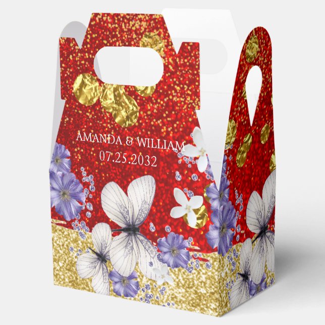 Red Gold Butterflies Wedding  Favour Box (Opened)