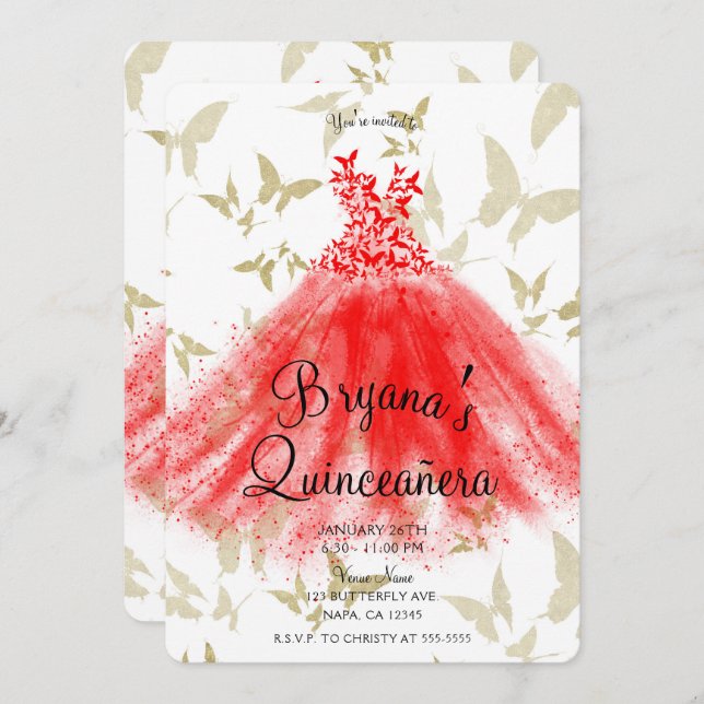 Red & Gold Butterfly Dance Dress Quinceañera    Invitation (Front/Back)