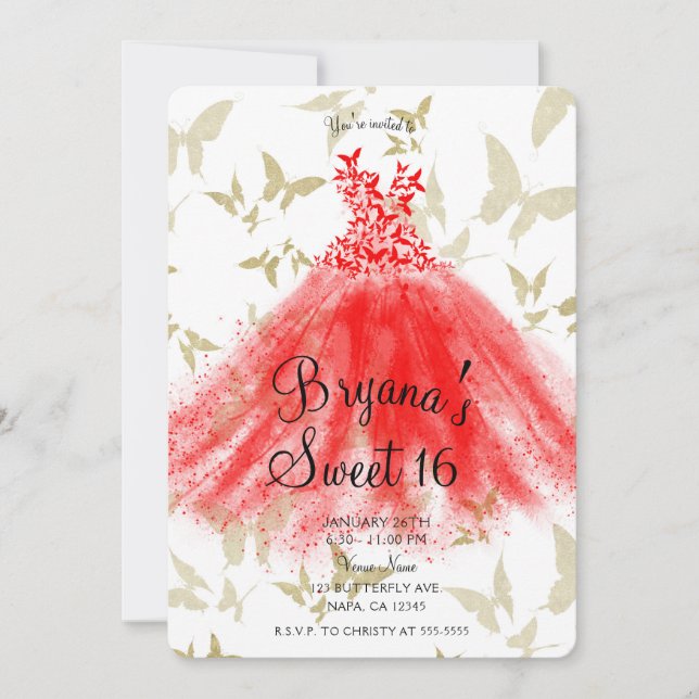 Red & Gold Butterfly Dance Dress Sweet 16 Party  Invitation (Front)