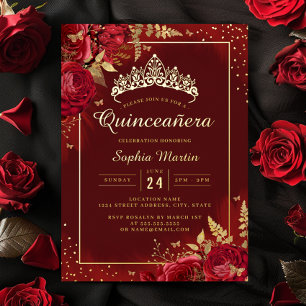 Red Gold Butterfly Floral Quinceanera