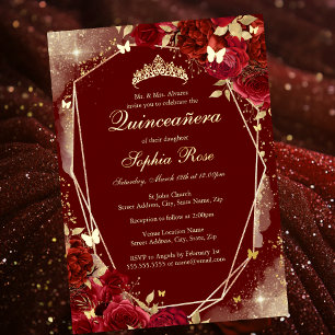 Red Gold Butterfly Floral Quinceanera