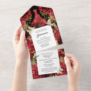 Red gold butterfly sparkling gown birthday  all in one invitation