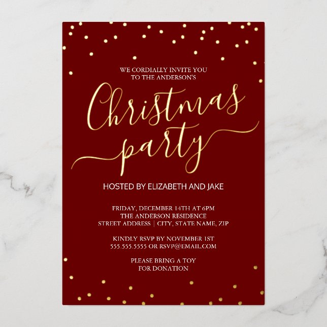 Red Gold Calligraphy Confetti Christmas Party  (Front)