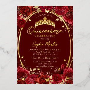 Red Gold Captivating Floral Butterfly Quinceanera
