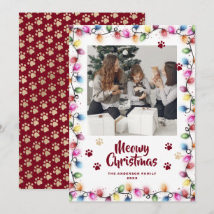 Red Gold Cat Paws Colourful Photo Meowy Holiday Card