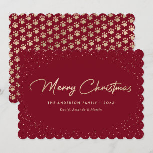 Red Gold Cat Paws Merry Christmas Card