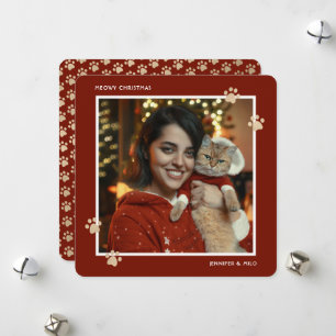 Red Gold Cat Paws Photo Meowy Christmas Card