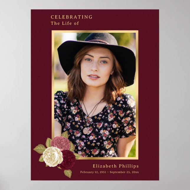 Red Gold Celebration of Life Photo Funeral Sign (Front)