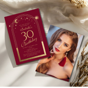 Red Gold Celestial 30th Birthday Photo Invitation
