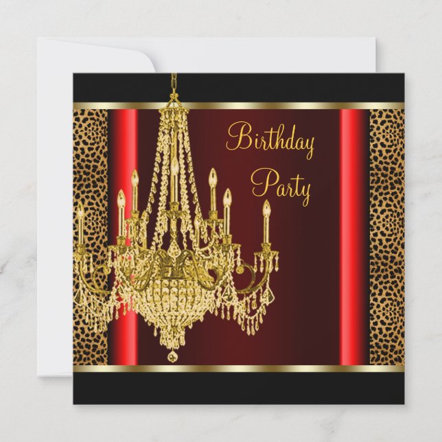 Red Gold Chandelier Leopard Birthday Party Invitation (Front)