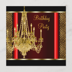Red Gold Chandelier Leopard Birthday Party Invitation