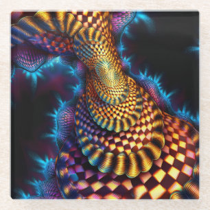 Red & Gold Chequered Mandelbrot Fractal Glass Coaster