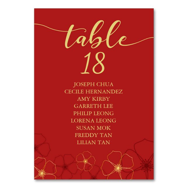 Red Gold Cherry Blossoms Gold Seating Chart Table Number (Front)