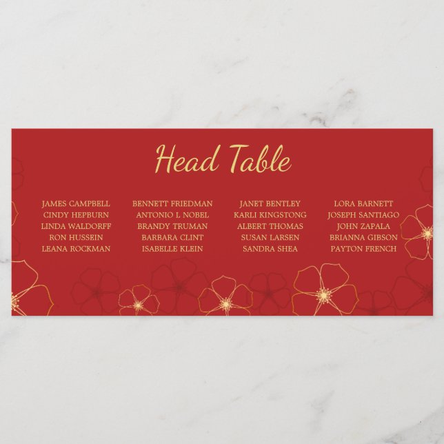 Red Gold Cherry Blossoms Head Table Seating Card (Front)